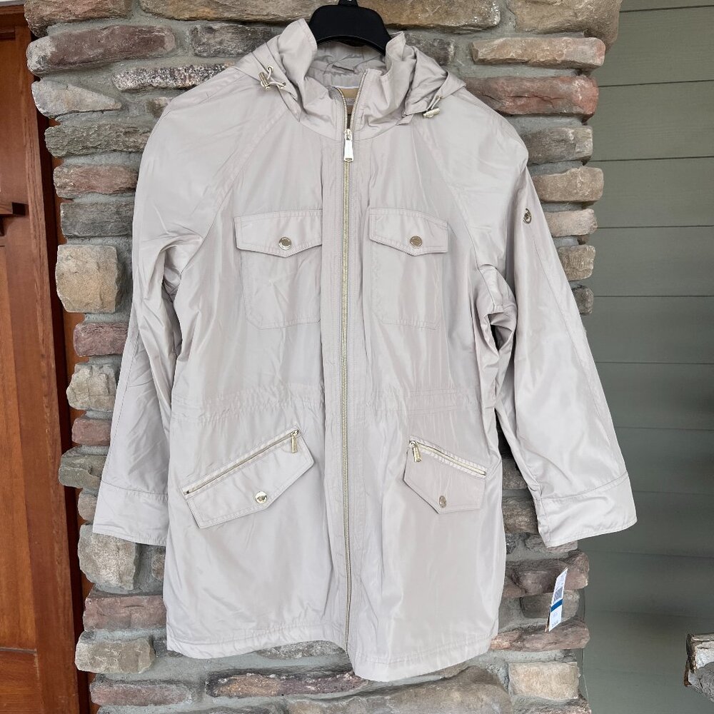Michael Kors Women's Anorak Rain Jacket FZ Gold MK Logo Dune S M XL Hooded NWT